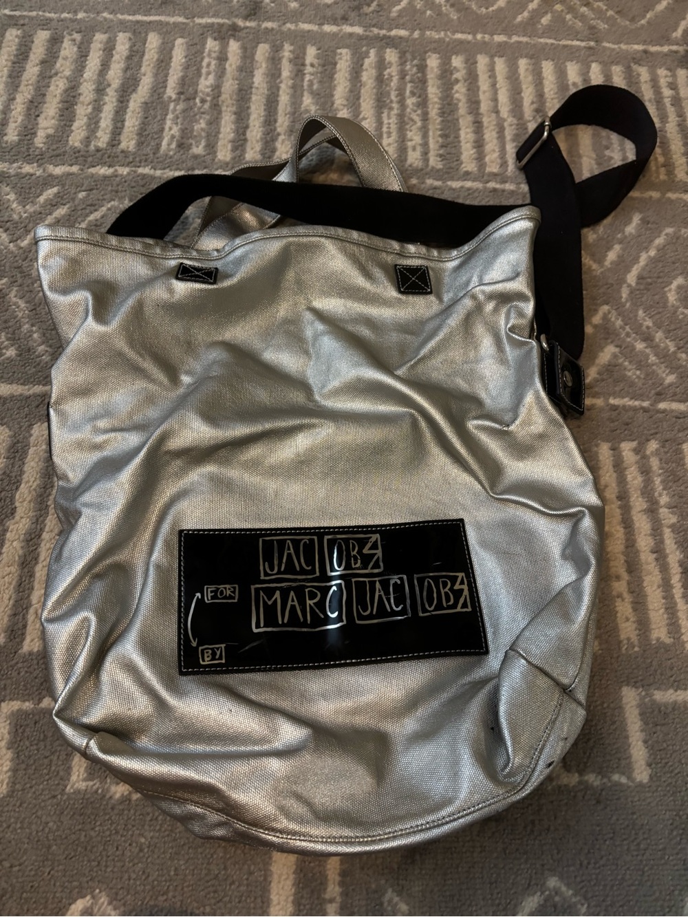 Marc Jacobs Silver Metallic Messenger Bag with Black Strap